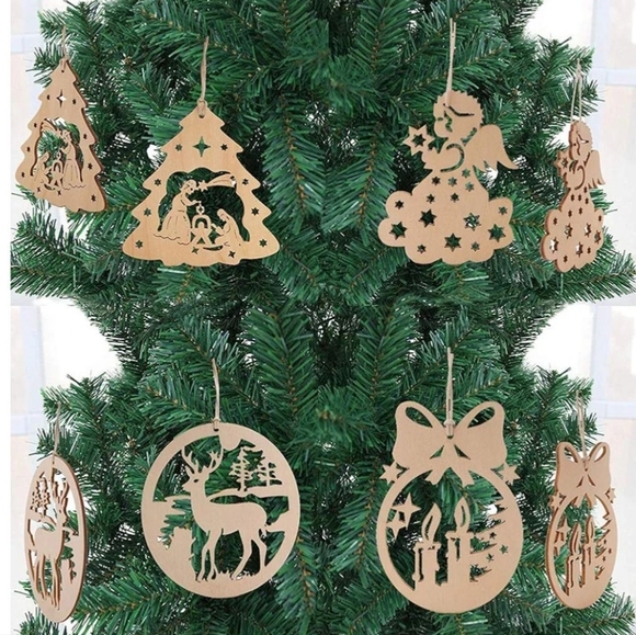 None Other - Wooden Christmas Tree Ornaments Set 100 Psc